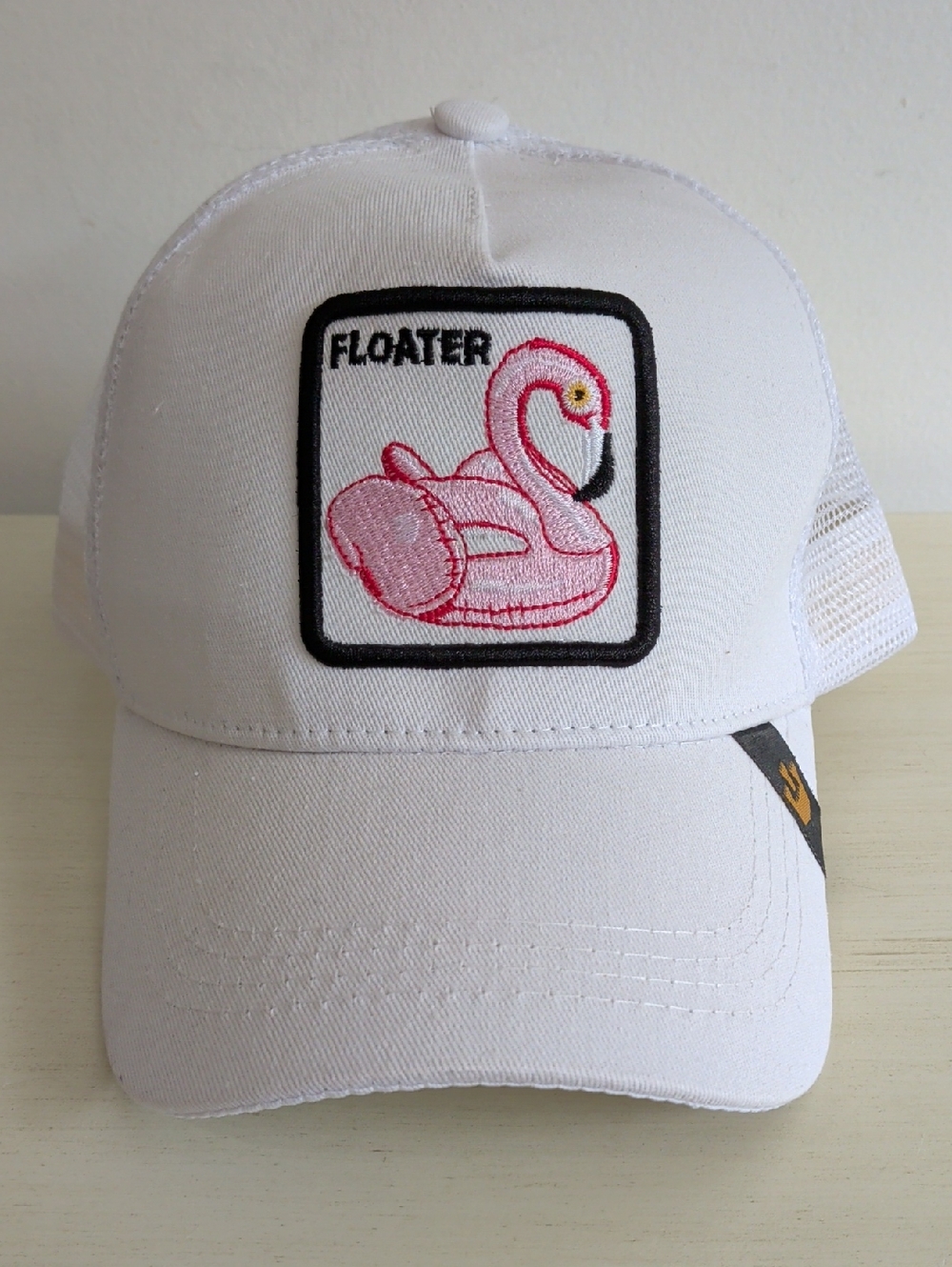 Goorin Bros White Trucker Hat with Pink Flamingo Patch Floater